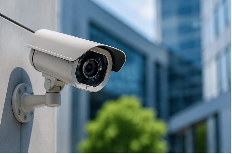 Caméra de vidéosurveillance extérieure installée sur une façade