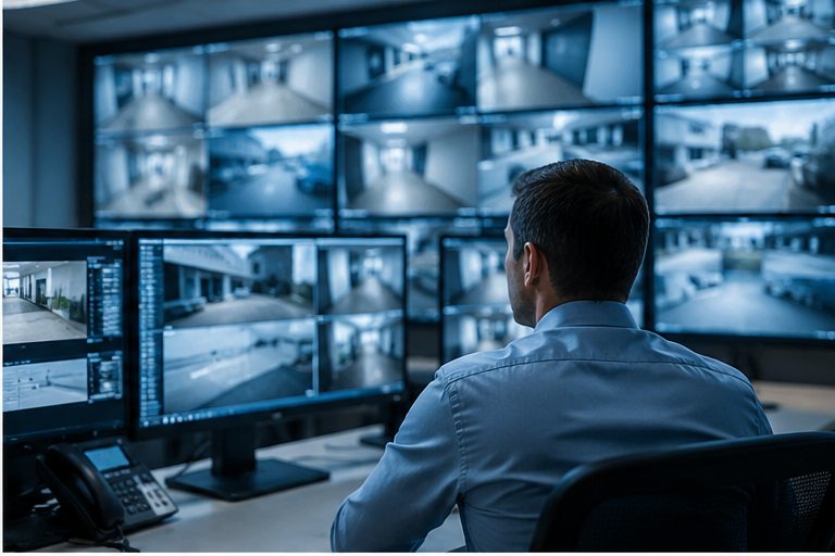 Salle de supervision vidéo avec plusieurs écrans de contrôle